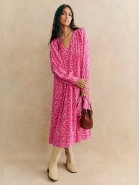 Sezane Nilla Chiffon Pink Floral V-Neck Long Sleeve Dress